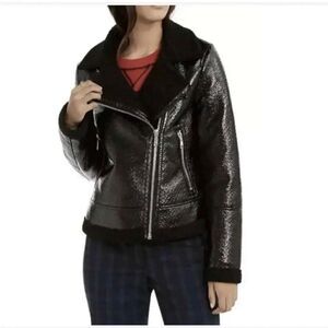 Tommy Hilfiger Black Faux Patent Leather Sherpa Lined Motto Jacket Size XS